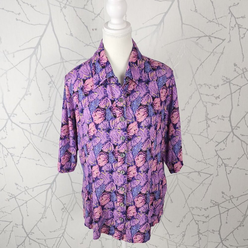 Blue Sky Purple Floral Print Linen Bamboo Button Front Shirt